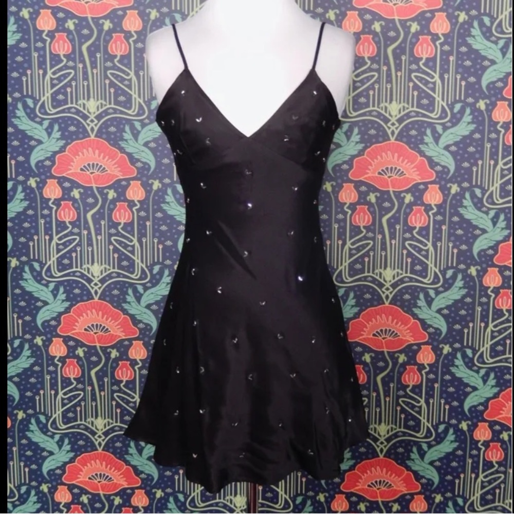 NWT Zara Black Crystal Rhinestone Bias Cut Slip Dress, Black, Size Small